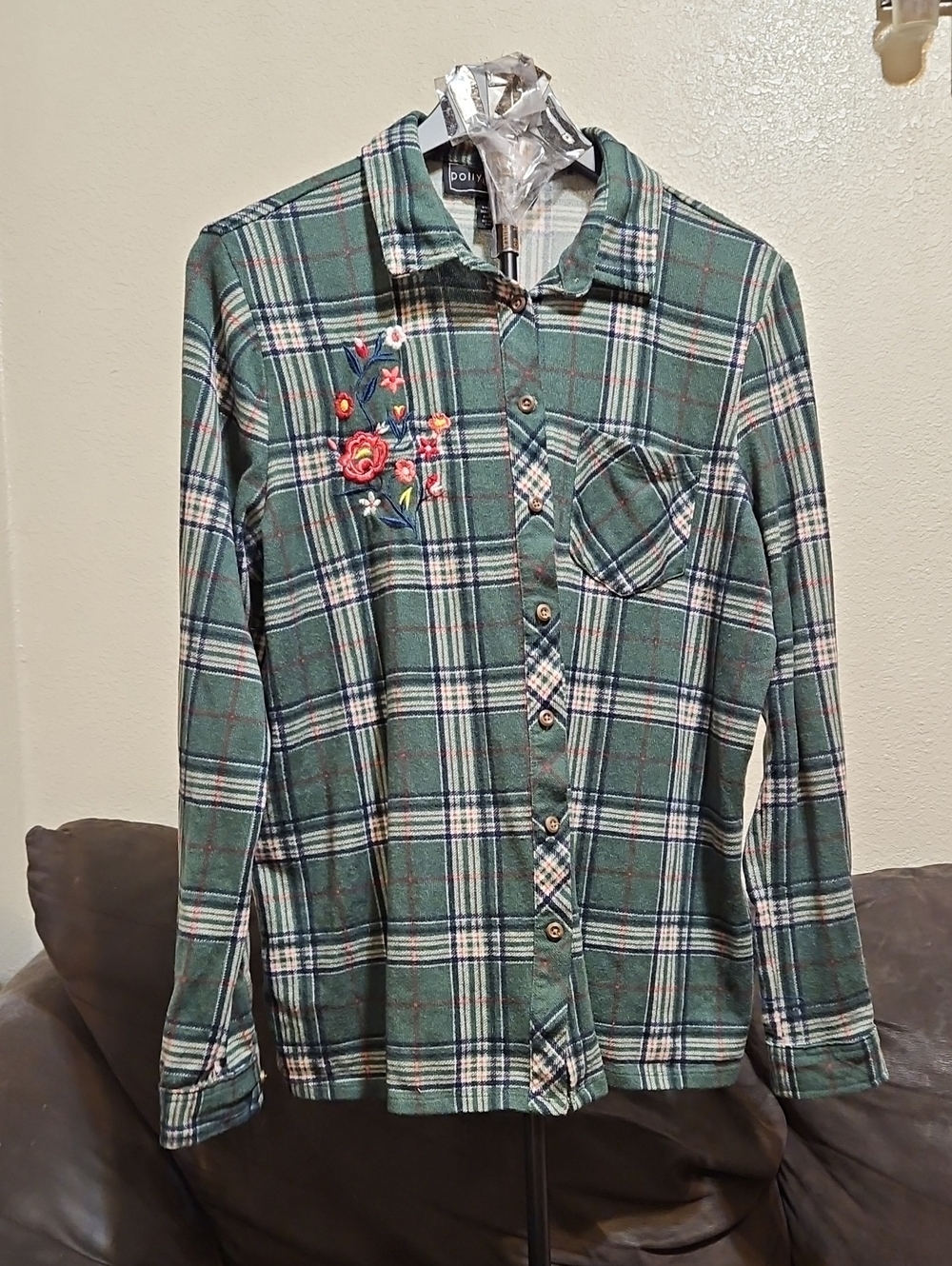 Polly & Esther Green Plaid Button-Down with Floral Embroidery